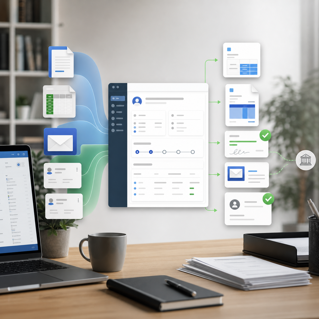 Office-Dokumente, Tabellen und E-Mails fließen in ein strukturiertes Angebots-, Rechnungs- und Freigabe-Dashboard