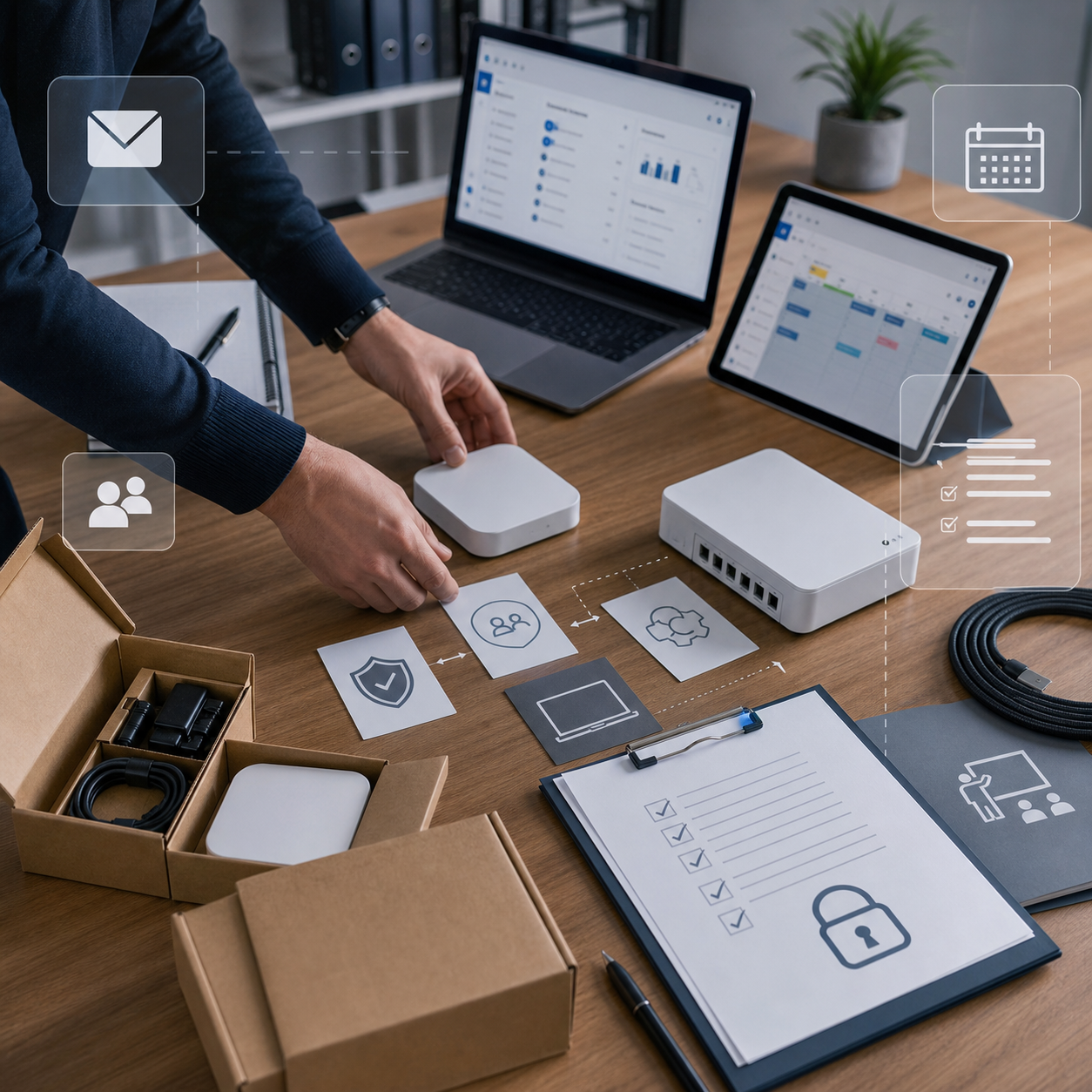 IT-Service-Tisch mit vorkonfigurierter Hardware, Office-Dashboard, Datenschutz-Checkliste und Schulungsunterlagen