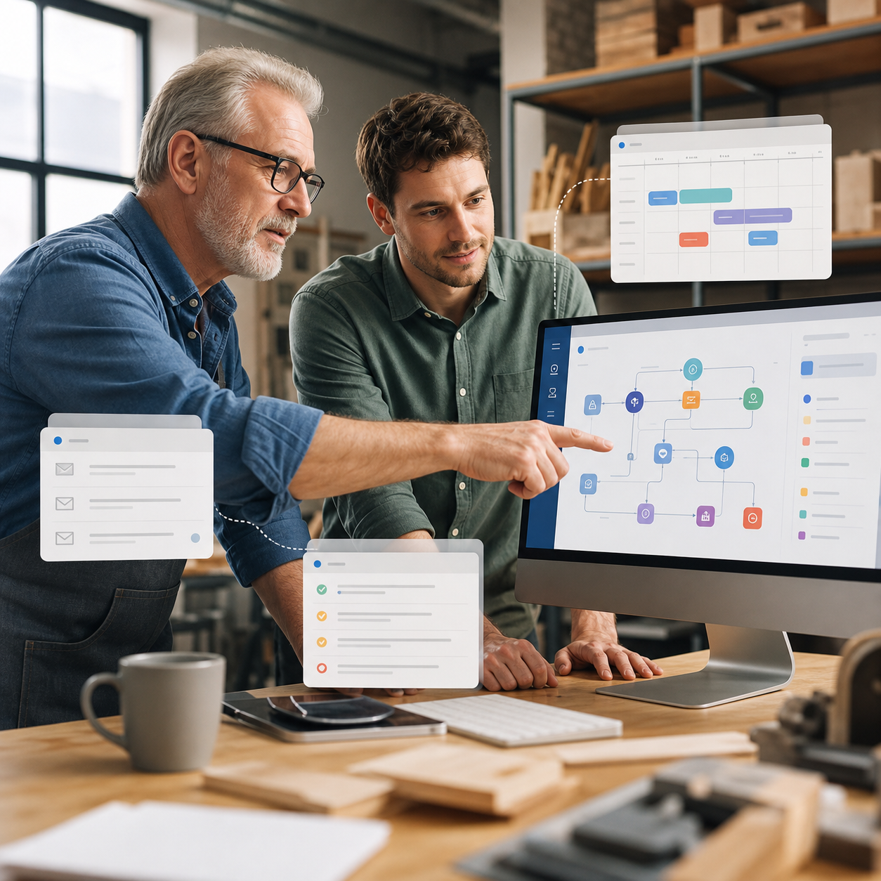 Senior-Unternehmer und Nachfolger prüfen ein digitales Prozess-Dashboard in einem modernen Betriebsbüro